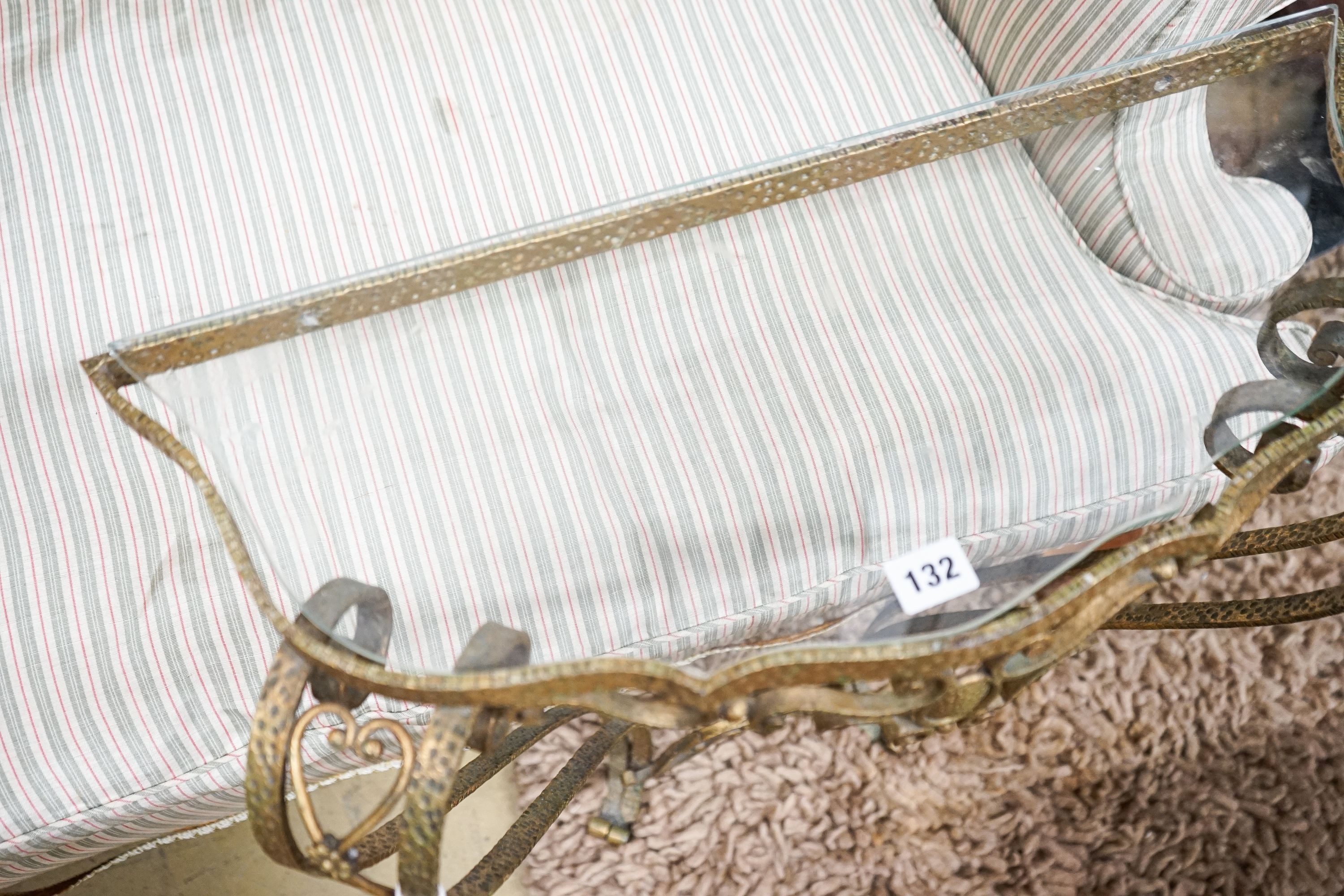 A mid 20th century gilt metal marble glass top console table, width 58cm, depth 23cm, height 74cm